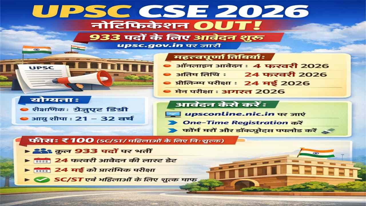 UPSC CSE 2026 Notification OUT: upsc.gov.in पर जारी हुआ नोटिफिकेशन, 933 पदों के लिए आज से आवेदन शुरू, जानें पूरी डिटेल